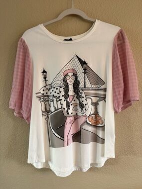 Love & Lace Women's Graphic Pullover Blouse with Pink Sheer Sleeves